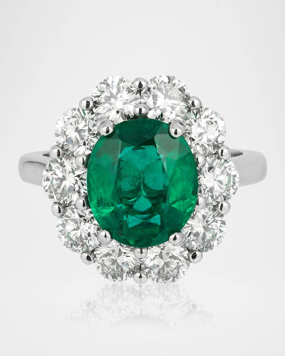 18K White Gold Zambian Emerald Ring with Diamond Halo